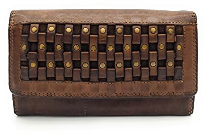 Lemasi echt Leder Damen Geldbörse Portemonnaie Waschleder geflochten mit Nieten und RFID Schutz Vintage Style, Used Look (Braun)