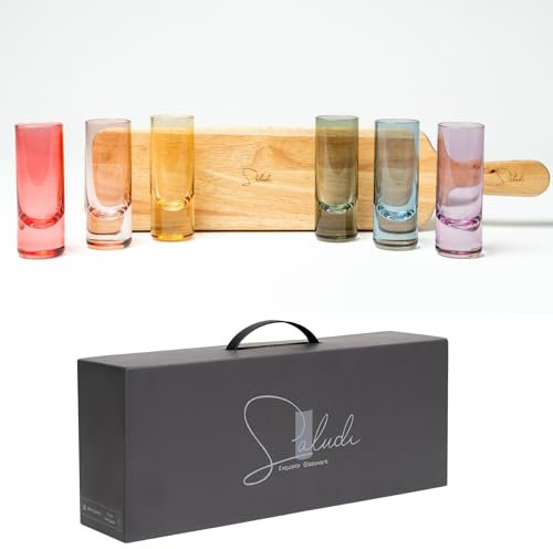 Saludi Colored Shot Glasses, 2oz (Set of 6) Multi-Color Glass with Wood Paddle - Luxury, Durable, Hand-Blown