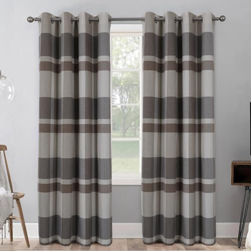 always4u 100% Blackout Curtains Check Eyelet Bedroom Tartan Curtain Plaid Woven Brushed Cheque Pair of Highland Woolen Look Window Treatment for Living Room Grey And Beige 66 * 72 Inches