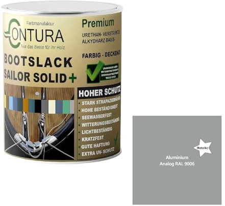Contura Bootslack Farbig SEIDENMATT Yacht- Buntlack Metall Holz GFK Holzlack Boot Farblos (Aluminium - RAL 9006 Metallic, 1 Liter)