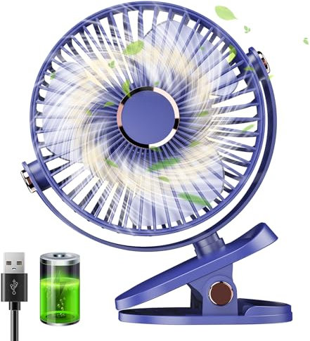 Huifengjie Clip Ventilator Klein Tischventilator USB Ventilator Leise, 5000mAh Mini Ventilator USB-Ventilatoren 5 Geschwindigkeiten 720° Drehung, Kleiner Ventilator für Zuhause Büro Camping(Blau)