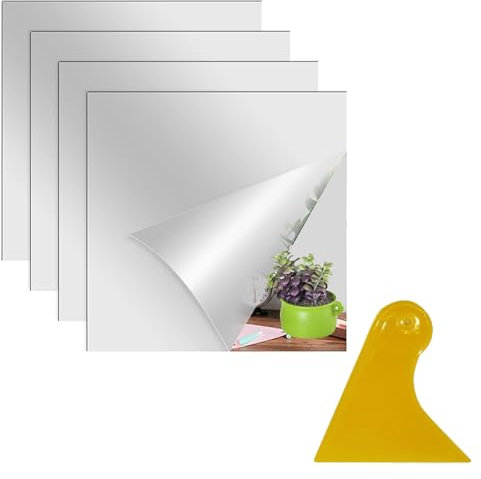 Miroir Mural Acrylique Adhésif, 4 Pièces Miroir Autocollant, Autocollant Miroir Adhésif, Stickers Miroirs Autocollants Carrés, avec Raclette à Film, pour Salon, Porte, Bain, Salle (20 × 20 cm)