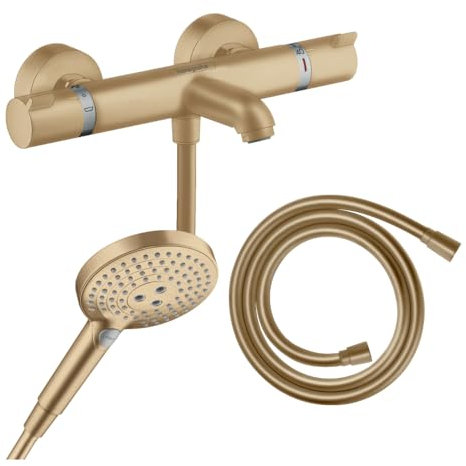Hansgrohe Pack mitigeur Bain Douche thermostatique Ecostat Comfort + Flexible Isiflex + Pommeau Raindance Select 3jets Bronze brossé