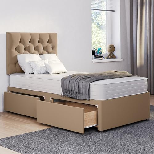 ComfoRest - Luxurious 3FT Single Divan Bed with Mattress, 24 Chester Headboard & 2 Spacious Drawers | Elegant Design with Storage for Modern Bedrooms (Mink Plush)