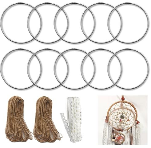 SHENSAIGO 10 PCS Metal Rings for Craft, 10 CM Silver Metal Wreath Ring, Round Metal Hoops with Twine Lace Band, DIY Macrame Rings for Dream Catcher Ring Wedding Wreath Wall Hanging Decor Crafts