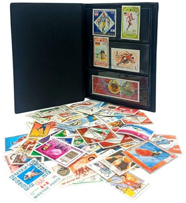 IMPACTO COLECCIONABLES – Collection 100 timbres sur le thème des Jeux olympiques avec album inclus (14x18x1cm) | Élevez votre collection philatélique avec des timbres, dans un album compact et élégant