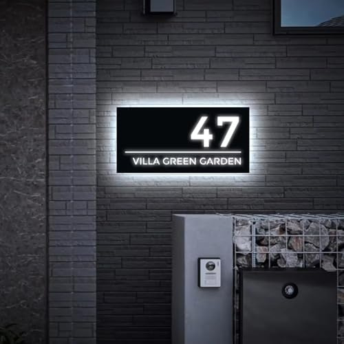 Personalised Modern Fashion Address Plaques Sign With LED Light, Custom Acrylic Illuminated House Number, Customizable Street Names And House Numbers(15x30 cm)