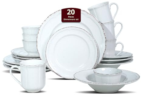 Dinner Set, 20 Piece Stoneware Dinnerware Service for 4, Dining Ware Include Plates, Bowls and Mugs, Chip and Scratch Resistant, Microwave & Dishwasher Safe, White
