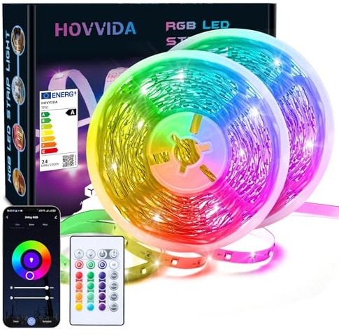 HOVVIDA Striscia LED 20m WiFi, Compatibile con Alexa e Google Home, 30 LED/metro, 2x10m, Luci RGB 24V 600 LED, APP e telecomando, modalità musica, LED per stanza, cucina, camera da letto, fest