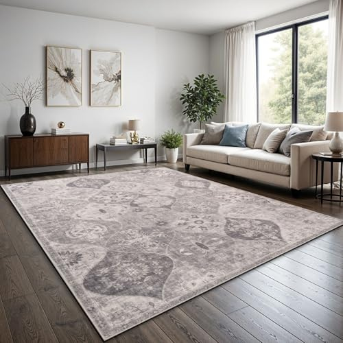 TT Home Boho Vintage Teppich Wohnzimmer Kurzflor - Retro Design, rutschfest & pflegeleicht, modern für Esszimmer & Flur Waschbar, Farbe:Grau 1, Größe:200x280 cm