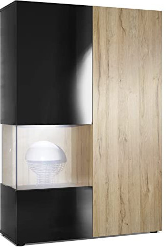 Vladon Vitrine Kommode Hochschrank Morena, Made in Germany, Korpus in Schwarz matt/Rechte Tür und der Einsatz in Eiche Natur, inkl. LED Beleuchtung
