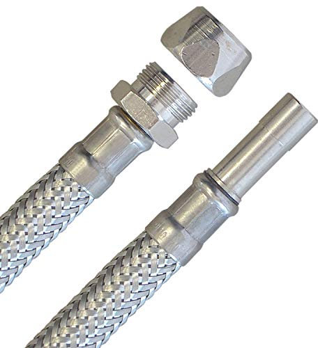 Panzerschlauch 10mm Quetsch x 10mm Rohrstutzen, Flexschlauch für Sanitär mit Trinkwasserzulassung, DN08, Edelstahl, Länge 150 cm, Made in Germany