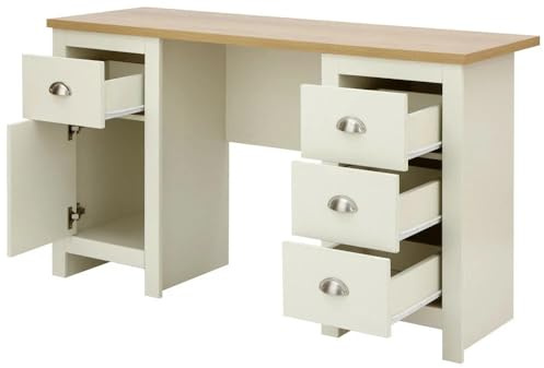 GFW Lancaster Study Desk, Cream and Oak Effect Home Office Desk with 4 Drawers and Cupboard Storage, Country Cottage Computer Workstation