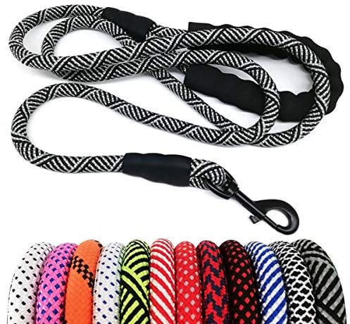 MayPaw Heavy Duty Rope Dog Lead, 3/4/5/6/7/8/10/12/15 FT Nylon Pet Leash, Soft Padded Handle Thick Lead for Large Medium Dogs (6 ft x 1/2, Black)