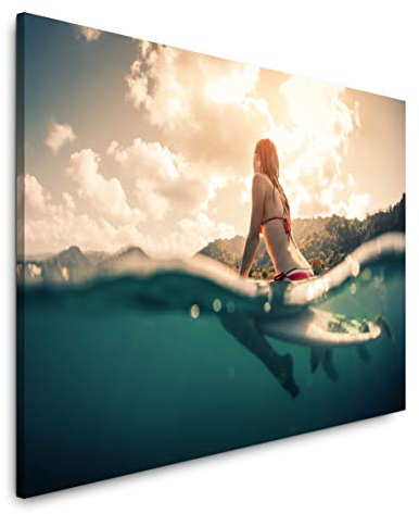 Paul Sinus Art Frau auf Surfboard 60 x 90 cm Inspirierende Fotokunst in Museums-Qualität für Ihr Zuhause als Wandbild auf Leinwand in