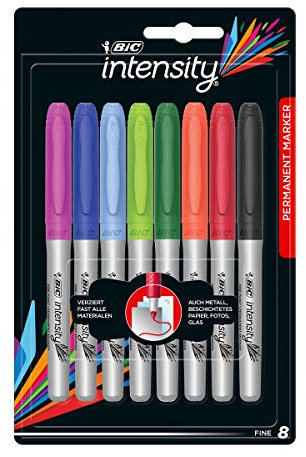 BIC Intensity Marker, in 8 verschiedenen Farben, Wasserfester Stift für Holz, Metall & mehr, Strichstärke 0.8 mm