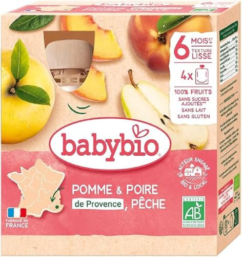 Babybio - Gourdes Fruits -Pomme Poire Pêche du Roussillon Occitanie 4x90 g - 6+ Mois - BIO