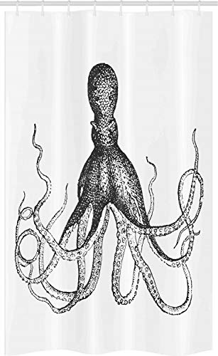 ABAKUHAUS Tintenfisch Schmaler Duschvorhang, Aquatische Tierskizze, Badezimmer Deko Set aus Stoff mit Haken, 120 x 180 cm, Weiß Koksgraue