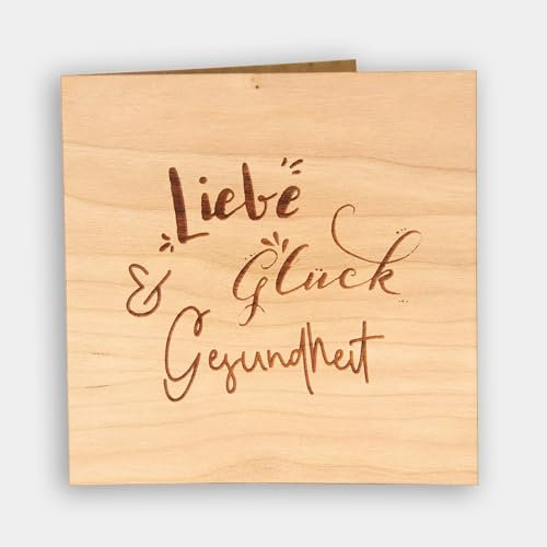 Original Holzgrusskarte - Geburtstagskarte für besondere Glückwünsche zum Geburtstag aus Kirschholz - Geburtstagsbillet, Glückwunschkarte, Postkarte, Geschenkkarte (Liebe, Glück & Gesundheit)