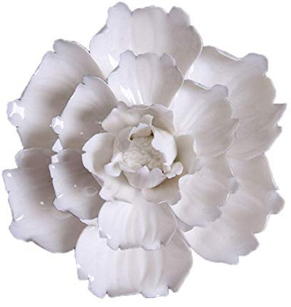 VOSAREA 3D Blumen Wanddeko, Keramik Blumen weiß Pfingstrose Keramikblumen Wandkunst Hängende Dekorationen für Wohnzimmer Wanddeko, Große 12cm