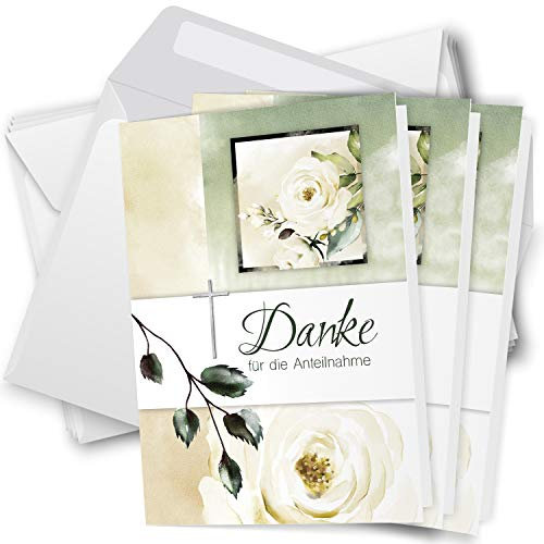 Danksagungskarten Trauer – 10 Klappkarten mit Umschlägen – Motiv: Rose Aquarell – Trauerkarten Danksagung mit Text – Dankeskarten Trauer nach Beerdigung