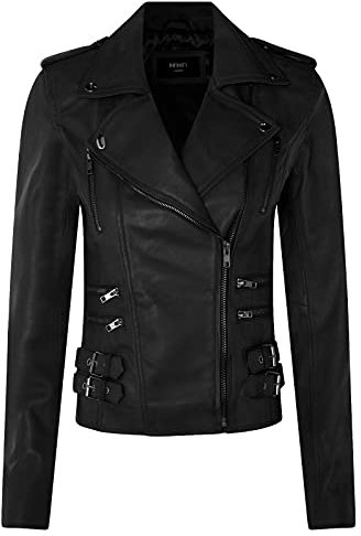 Ladies Retro Matt Black 100% Nappa Leather Biker Jacket XS