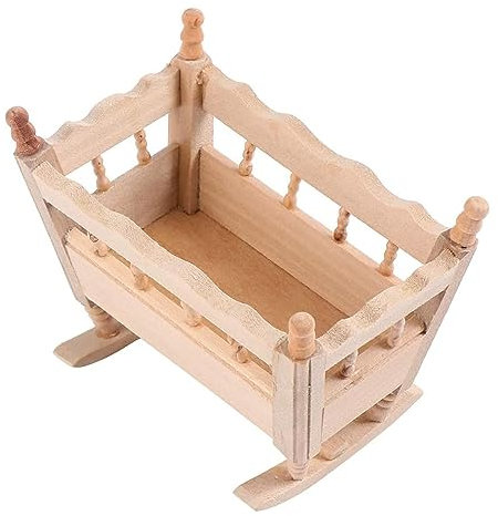 LATRAT 1:12 Miniatur Baby Wiege Puppe Kinderbett Bett, Retro Puppenwiege Nostalgie Bett Spielzeug Holzspielzeug Holzbodenwiege Naturholz