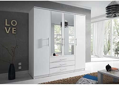 Kleiderschrank mit Spiegel 4 Türen 3 Schubladen Drehtürenschrank Schlafzimmerschrank Wohnzimmerschrank Garderobenschrank 64 x 200 x 210 cm Weiß Spiegelschrank modern stehend - Imoebel24