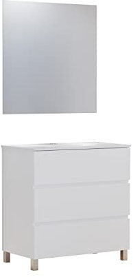 Baikal Conjunto de Mueble de Baño Neo con Espejo Luna Lisa, Tres Cajones o Dos Puertas, Mueble con Patas. Varios Acabados y Medidas. Melamina 16mm. Mueble MONTADO.