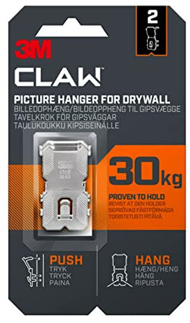 3M Claw Ganchos de pared para colgar cuadros de yeso para colgar decoración del hogar, 2 perchas, soporta hasta 30 kg, ideal para artículos pesados
