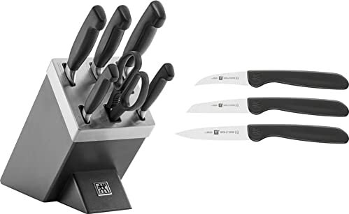 ZWILLING Selbstschärfender Messerblock, 7 teilig, grau, Vier Sterne & 38115001 Gemüsemesser-Set, 3 tlg, Kunststoff, schwarz