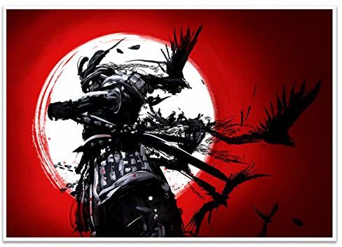 wandmotiv24 Poster als Wanddeko, Größe Din A4, Samurai, Raben, Asien, Krieger, Sonne, Japan, Moderne Wanddeko, Wandbilder, Deko, Bild M0102