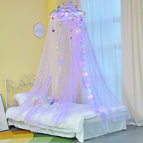 FIOBEE Betthimmel für Mädchenzimmer Bett Baldachin Vorhänge mit LED-Lichtern Moskitonetz DIY Prinzessin Zimmer Dekor mit Sternen Schmetterlingen für Kinderzimmer, Lila