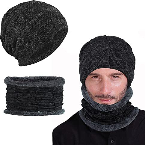 THATSRAD Wintermütze Schlauchschal Winter Strickmütze Beanie Mütze Herren Damen Winter Warme Mütze mit Schal mit Dick Fleecefutter Mütze Loop Schal Elastische Herren Winter Strickmützen für Winter