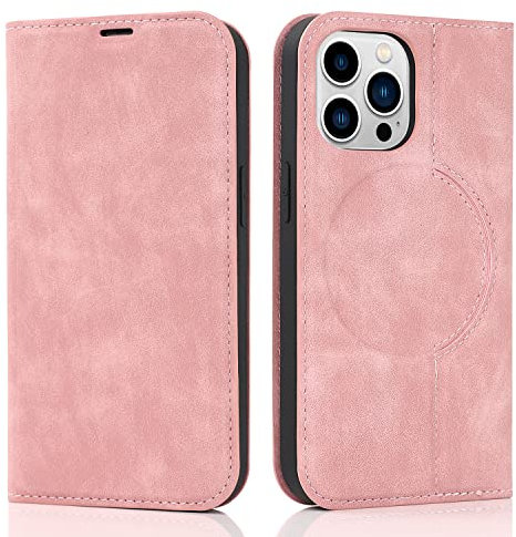 QLTYPRI Wallet Case for iPhone 13 Pro (6.1 inch) Compatible with Magsafe Charger, Magnetic Flip Folio PU Leather Phone Case with RFID Blocking Card Holder Slots Kickstand Shockproof Cover - Rose Gold
