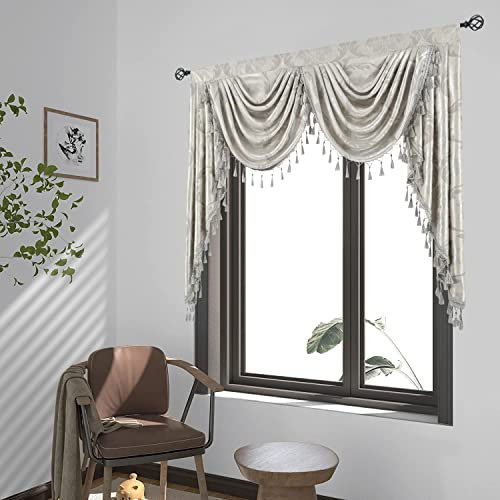JADE POKE Silbergraue europäische Blumen-Volants für Fenster – Damast-Wasserfall-Quasten-Volants für Fenster – Stangentasche, luxuriöser Jacquard-Girlande, 1 Panel, B 59 Zoll