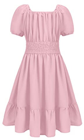 Arshiner Abito da Ragazza Tie Back Manica Corta Vestito Estivo Bambini Tinta Unita A Linea Casual Volant Elegante Principessa Abito Rosa Scuro 140 cm