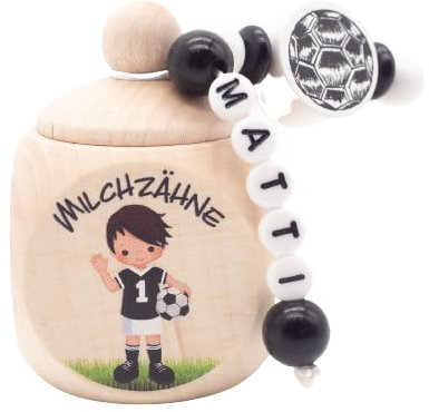 Zahndose Milchzähne Jungen personalisiert I Milchzahndose mit Namen Junge Fußball schwarz Holz Zahnbox als Aufbewahrung Geschenk der Zahnfee