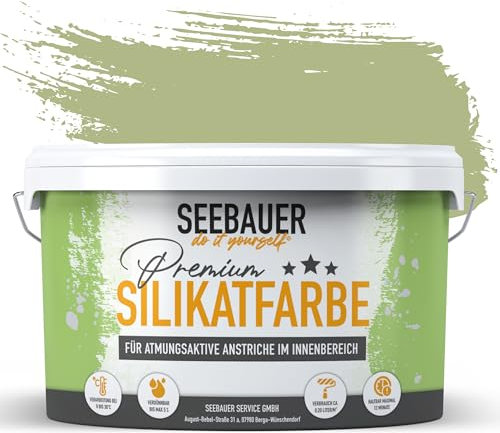 SEEBAUER diy Silikatfarbe Hellgrün 5L für Innen (No. 712 Mystic Bamboo) Atmungsaktive Mineralfarbe für Allergiker - Abwaschbare Wandfarbe - Grüntöne hohe Deckkraft
