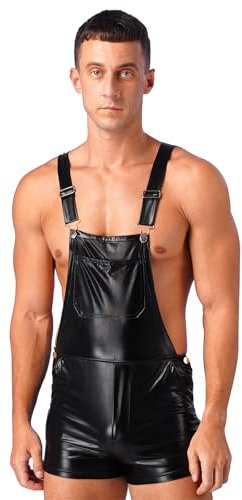 Jugaoge Herren Wetlook Latzhose Lack Leder Kurze Hose Sommer Overalls Hosenträger Kunstleder Shorts Rückenfrei Jumpsuit Einteiler Party Clubwear Schwarz S