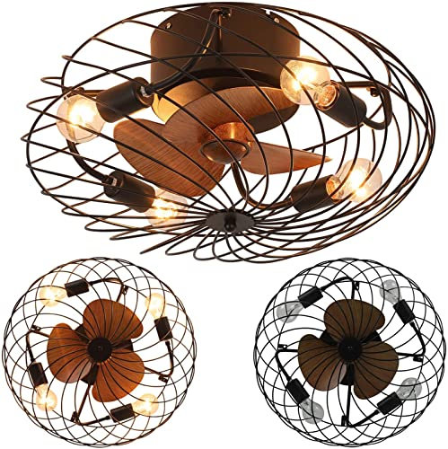 SEYFI Ventilador de Techo Enjaulado con Luz Ligera Y Control Remoto, Luz de Ventilador de Techo Rústico de Baja Descarga, Luz de Techo Industrial Cerrado para la Sala de Estar de la Sala de Estar de D