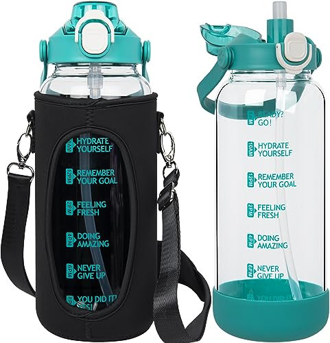 Seekua 1.5l Sport Gourde Verre avec Paille & Infuseur à Fruits 1.5 litres grande Bouteille d'eau Verre avec Marqueur de Temps & Heure de Motivation