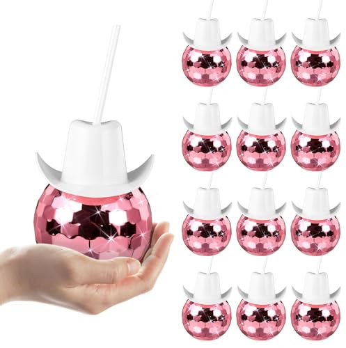 MAKCNMYM Discokugelbecher mit Strohhalm und weißem Cowboyhut-Deckel, 590 ml, Spiegel, Roségold, Trinkbecher, Cocktailgläser für Junggesellinnenabschied, Braut, Hochzeit, Dekoration, 70er Jahre,