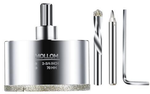 MOLLOM (70mm | 2-3/4) Scie Cloche Diamantée avec 2 Mèches Pilotes Amovibles pour une Coupe Lisse sur les Carreaux en Porcelaine, Verre, Céramique, Marbre, Fibre de Verre, etc