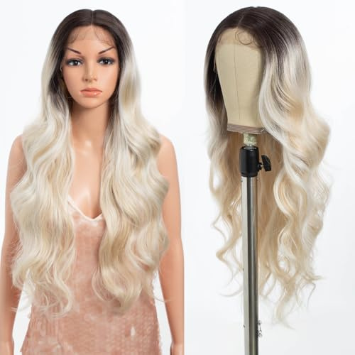 Style Icon Perücke Long Wavy Synthetische Lace Front Wig for Damen 71 cm Lange Body Wave Perücke Pre Pluck mit Babyhaar Mittelscheitel Spitze 150% Dichte (TTPG 6/613F/1001E)