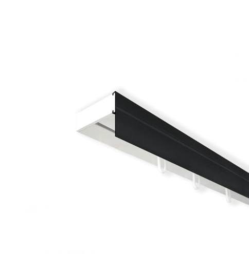SN Deco - Vorhangschiene SH Set 1-läufig, Gardinenschiene, vorgebohrt, m. Blende 7.5 cm schwarz, Komplettes Zubehör und Röllchen (Schiene Weiß, Blende Schwarz, 360 cm - aus 2 Teilen)