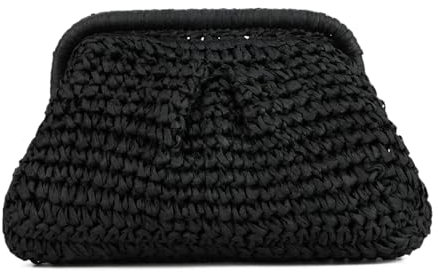 EVEOUT Pochette en Paille Tissée Femmes été Clutches Sac à Main Nuage Paille Tressée avec Bandoulière pour Parti Mariage Plage Vacances(Noir)