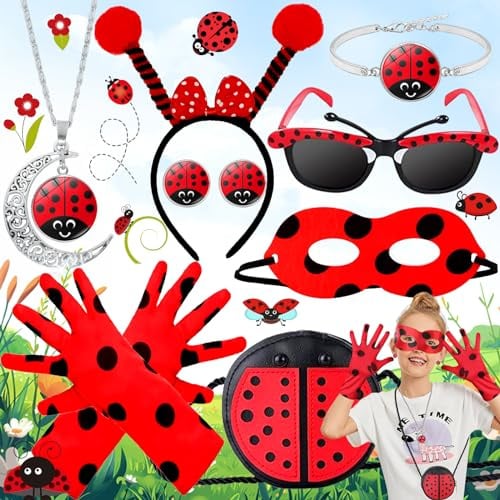 Benaton 10 Stück Cartoon Marienkäfer Kostüm, Kinder Faschingskostüm Marienkäfer, Marienkäfer Cosplay Kinder, Mädchen Ladybug Kostüm, Ladybug Schultertasche Haarbänder Brille Handschuhe Schmuck