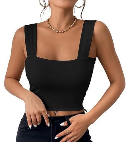 Haibang Débardeur Femme Crop Top Sexy Crop Tank Tops sans Manches à Col Carré Slim Fit Haut d'Été Chic et Élégant Basiques Moulantes Y2K Gilet Cami Top Caraco Sports Camisole Tendance Streewear