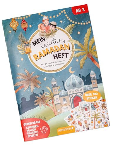 Papierdrachen Mein kreatives Ramadan Heft - 4in1-Heft - 24 Seiten - Spiele und Rätsel- über 100 Sticker -Set 01